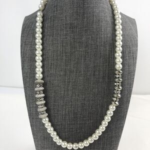 Tres Chic Simulated Pearl Silver tone Triple Stretch Bracelet Necklace Crystal